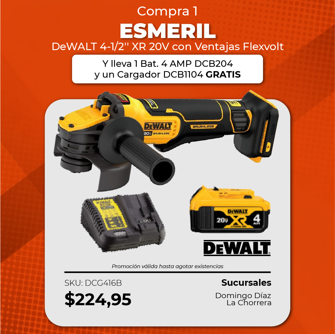 Esmeril 4-1/2'' XR 20V con Ventajas Flexvolt + 1 Bat. 4 AMP DCB204 + Cargador DCB1104