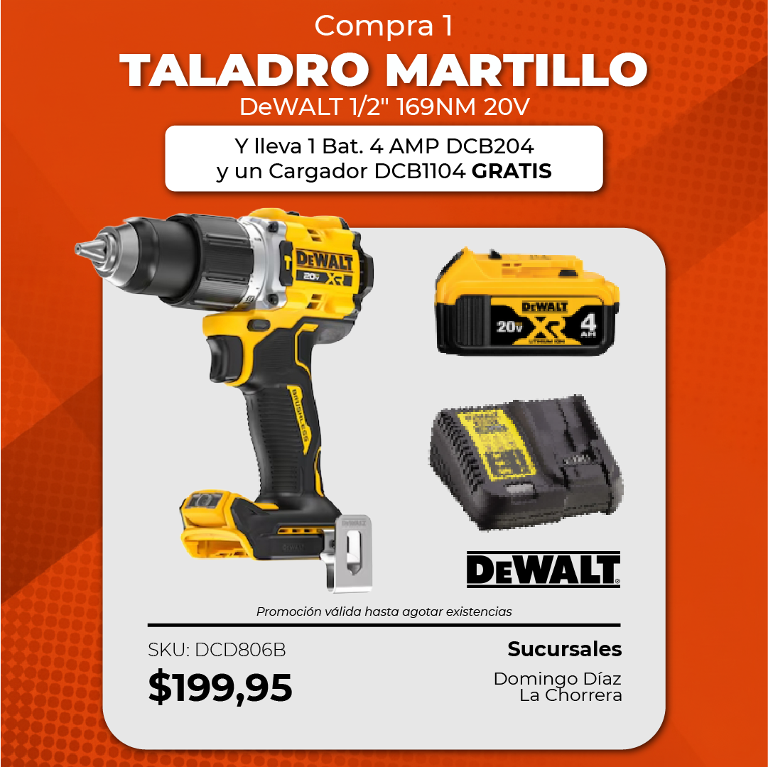 Taladro martillo 1/2" 169NM 20V + 1 Bat. 4 AMP DCB204 + Cargador DCB1104