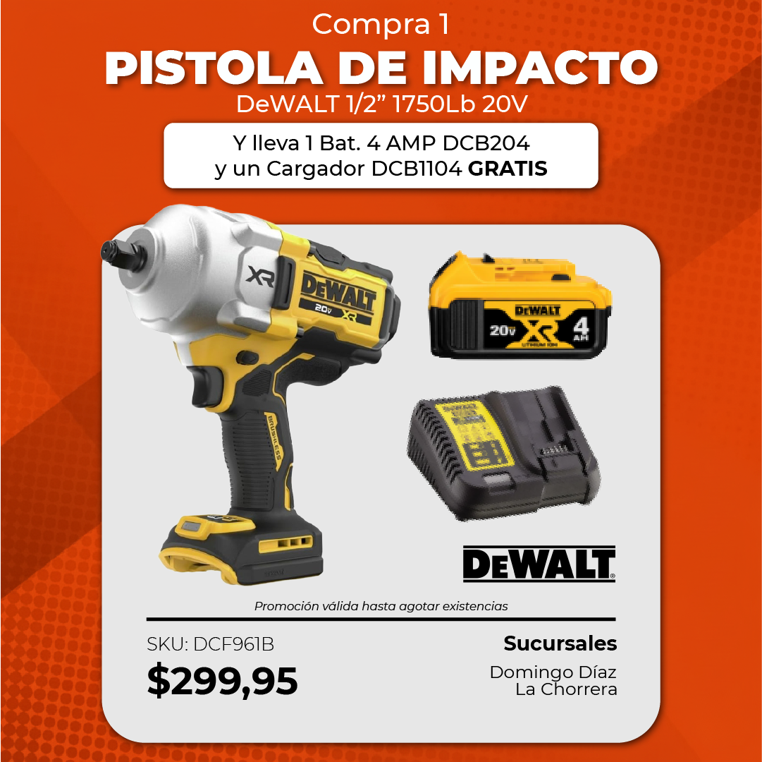 Pistola Impacto 1/2" 1750lb/ft 20V + 1 Bat. 4 AMP DCB204 + Cargador DCB1104