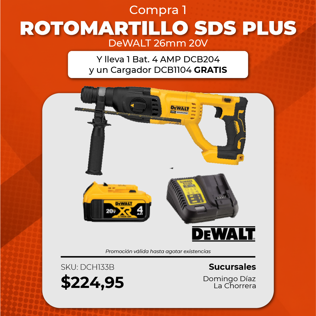 Rotomartillo SDS Plus 26 mm 20V + 1 Bat. 4 AMP DCB204 + Cargador DCB1104