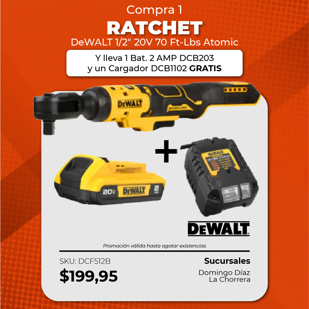 Ratchet 1/2" 70 Ft-Lbs Atomic 20V + 1 Bat. 2 AMP DCB203 + Cargador DCB1102
