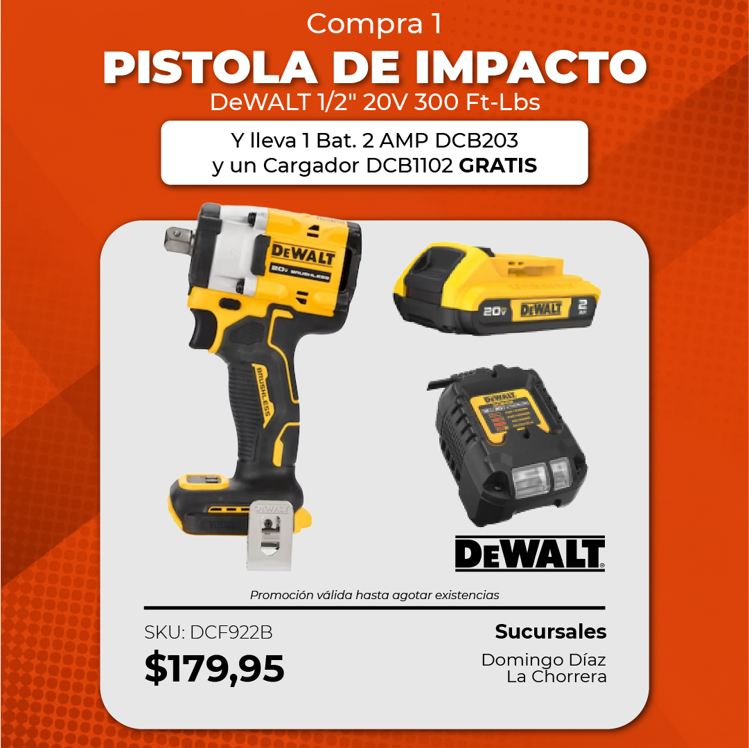 Pistola de Impacto 1/2" 20 V 300 ft-lbs + 1 Batería 2 AH DCB203 + Cargador DCB1102 | DeWalt