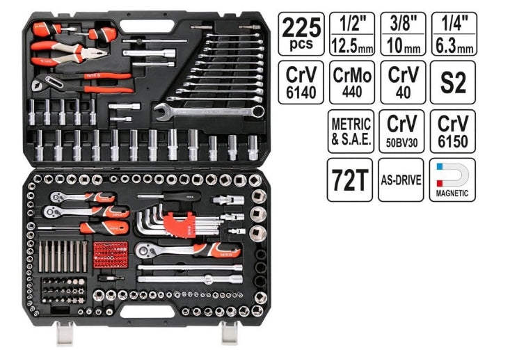 Juego de Herramientas 1/4", 3/8", 1/2" 225 Piezas Yato