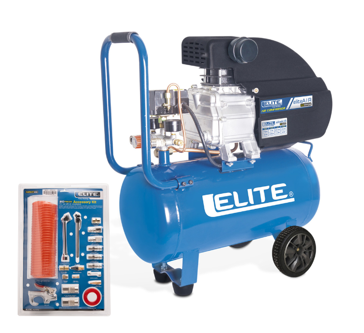 Compresor de Aire Directo Horizontal - 25 Litros - 1040 - 2.5 HP + Kit de Accesorios 20 Piezas Elite
