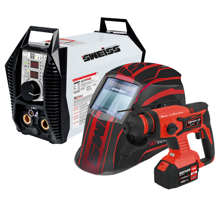 Soldador Inversor Skymax 2040 NX 200 AMP Ultraconnect 110/220V + Taladro Percutor Inalámbrico 1/2" Siefken Magnum 20V 50Nm + Careta Skyview 669R Sweiss
