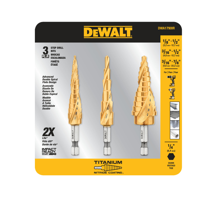 Juego de Brocas Escalonadas de Titanio 1/8" - 1/2", 3/16" - 1/2", 3/16" - 7/8" 3 Piezas DeWalt