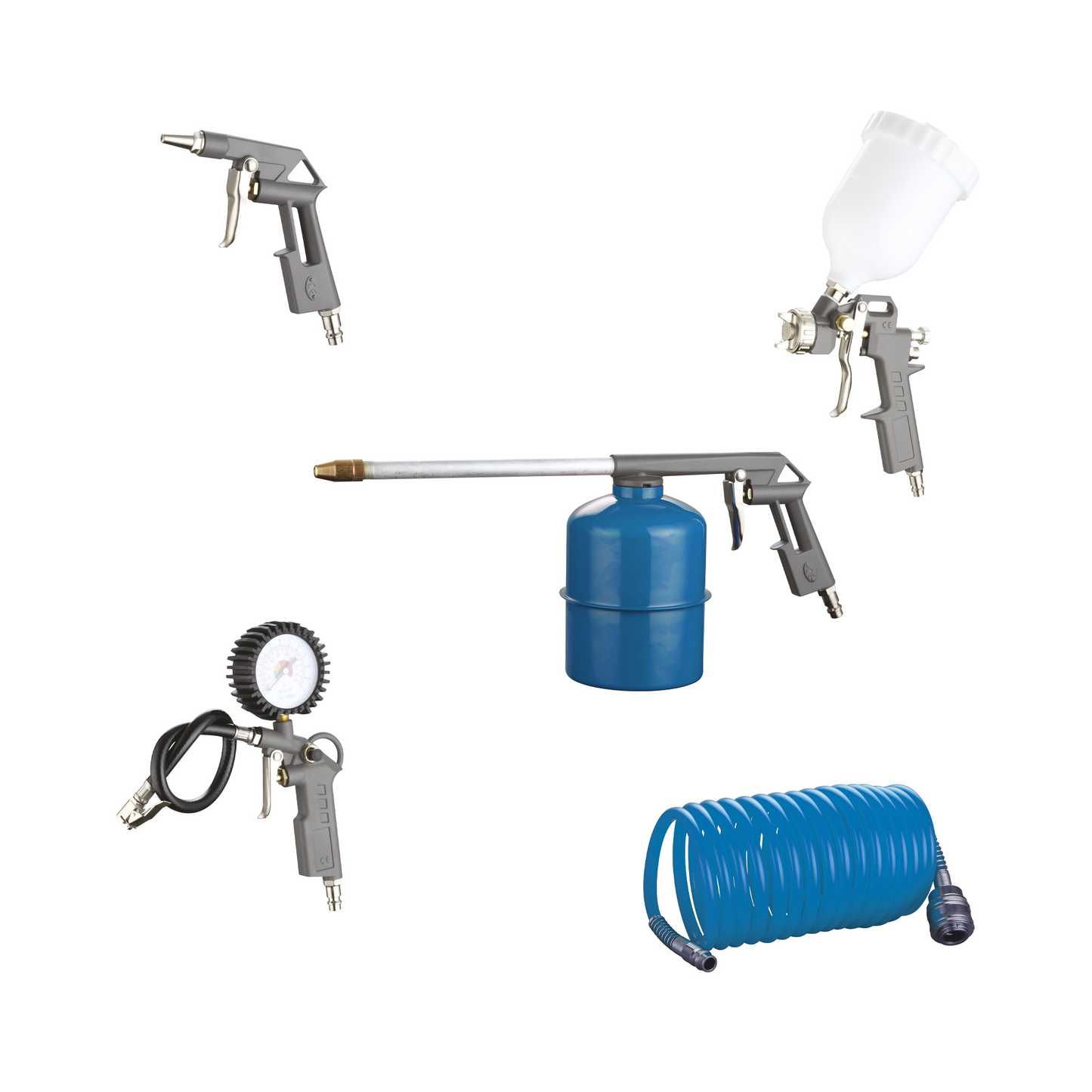 Set de 5 Piezas Pistola de Pintura Pistola de Soplado Pistola de Lavado Pistola Infladora 5 Metros de Manguera Espiral | Elite