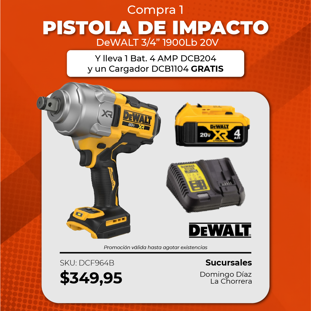 Pistola Impacto 3/4 1900Lb 20V + 1 Bat. 4 AMP DCB204 + Cargador DCB1104
