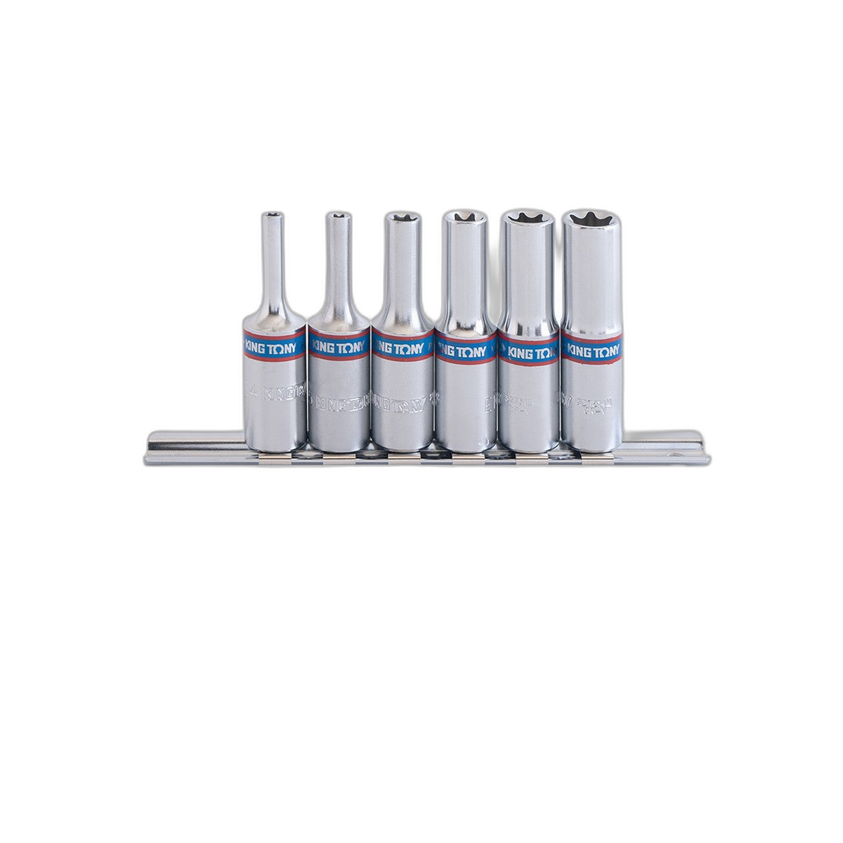 Juego de Socket Torx Hembra Largo 3/8" E4-E14 con Riel 6 Piezas | King Tony