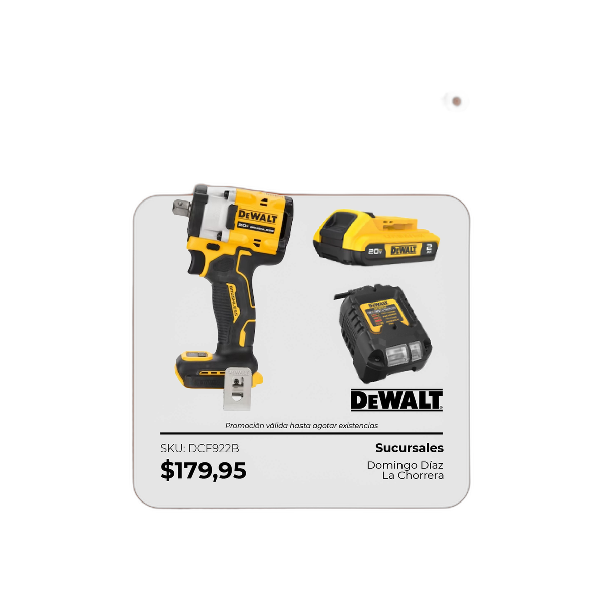 Pistola de Impacto 1/2" 20 V 300 ft-lbs + 1 Batería 2 AH DCB203 + Cargador DCB1102 | DeWalt