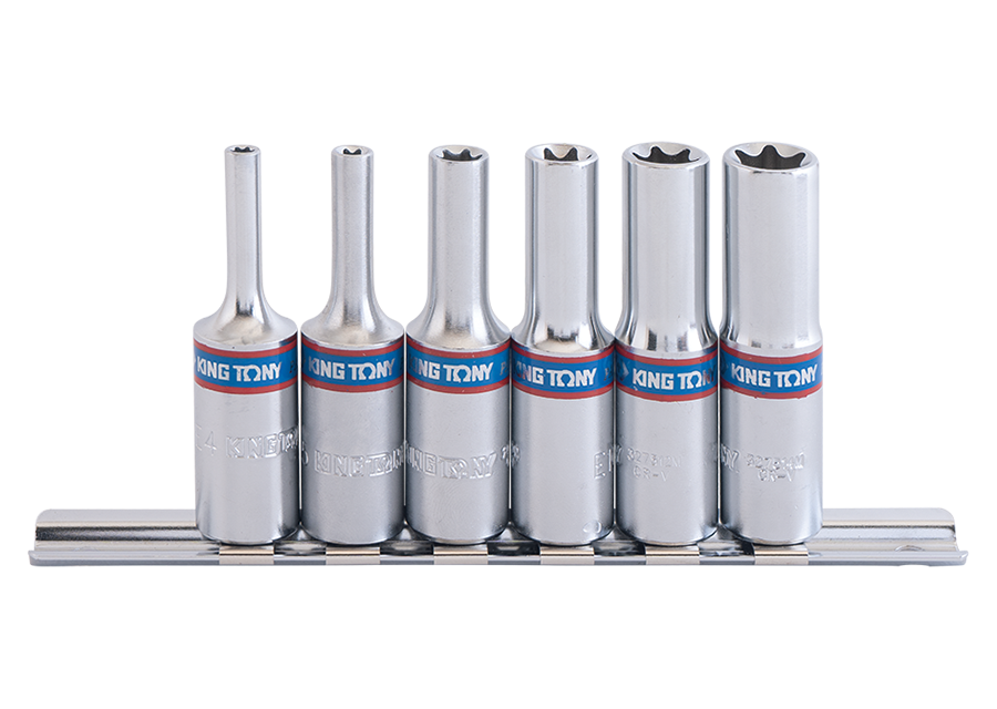 Juego de Socket Torx Hembra Largo 3/8" E4-E14 con Riel 6 Piezas King Tony