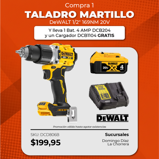 Taladro martillo 1/2" 169NM 20V + 1 Bat. 4 AMP DCB204 + Cargador DCB1104