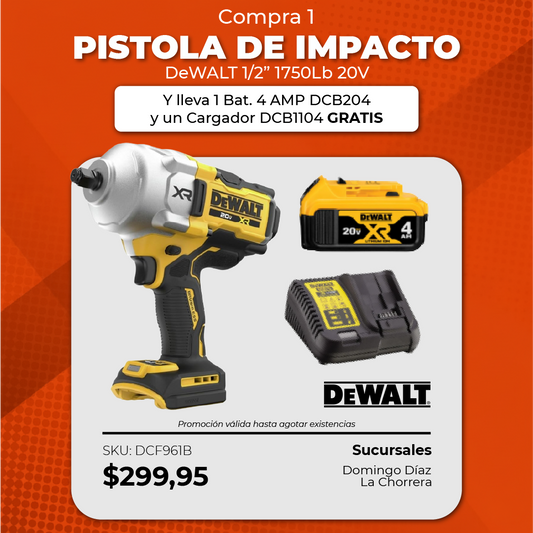 Pistola Impacto 1/2" 1750lb/ft 20V + 1 Bat. 4 AMP DCB204 + Cargador DCB1104
