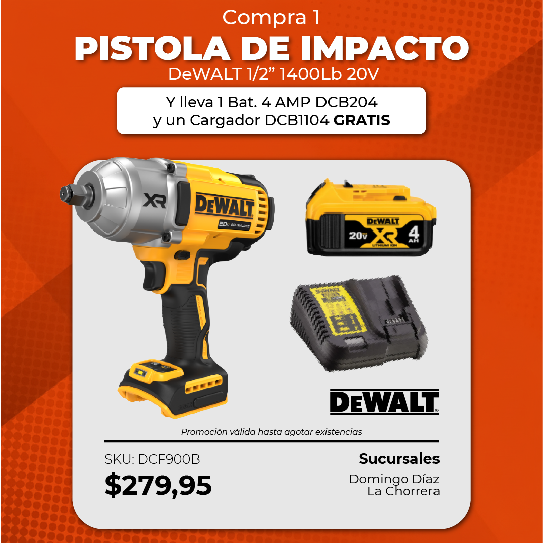 Pistola Impacto 1/2" 1400Lb/Ft 20V + 1 Bat. 4 AMP DCB204 + Cargador DCB1104