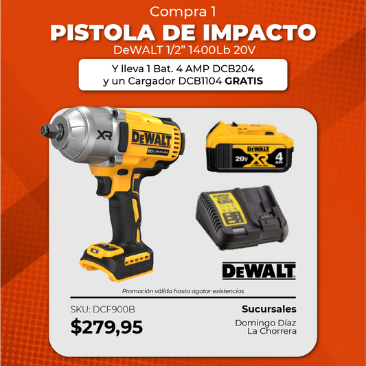 Pistola Impacto 1/2" 1400Lb/Ft 20V + 1 Bat. 4 AMP DCB204 + Cargador DCB1104