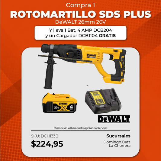 Rotomartillo SDS Plus 26 mm 20V + 1 Bat. 4 AMP DCB204 + Cargador DCB1104