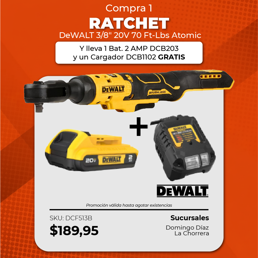 Ratchet 3/8" 70 Ft-Lbs Atomic 20V + 1 Bat. 2 AMP DCB203 + Cargador DCB1102