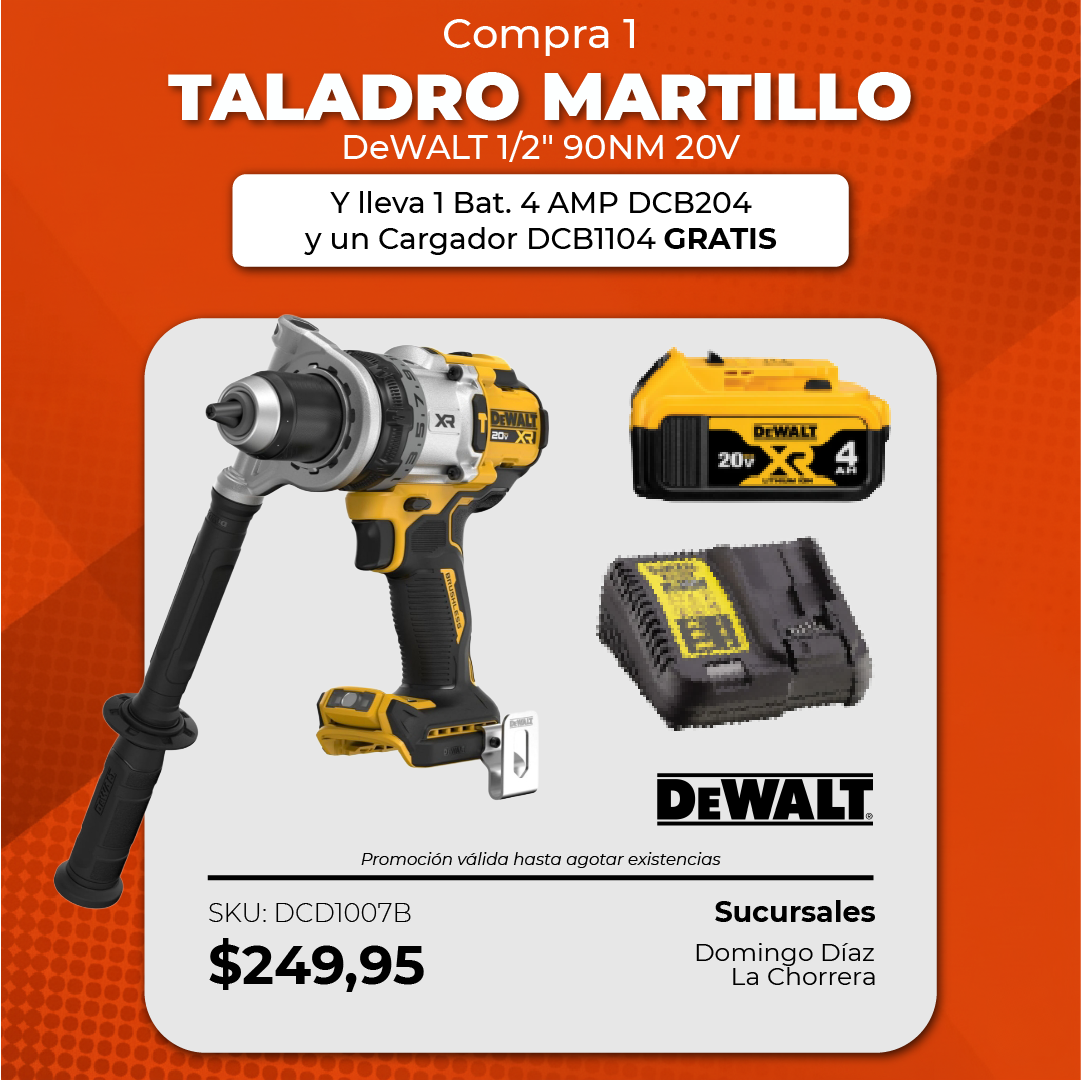 Taladro martillo 1/2" 90NM 20V + 1 Bat. 4 AMP DCB204 + Cargador DCB1104