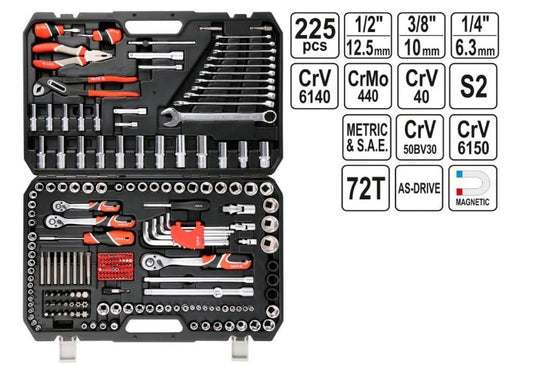 Juego de Herramientas 1/4", 3/8", 1/2" 225 Piezas Yato