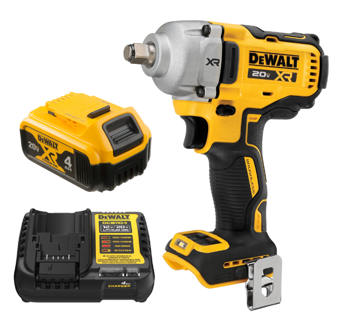 Llave de Impacto 1/2" 20 V 600 lb/ft (Solo Herramienta) + DCB204 (Batería 4 AMP) + Cargador DeWalt