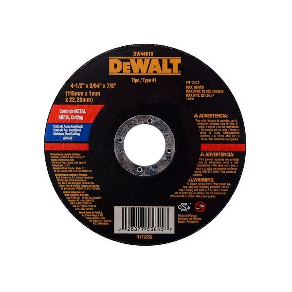 Disco Corte Metal Inoxidable 4-1/2" x 3/64" (1.2 mm) x 7/8" DeWalt - Herramientas