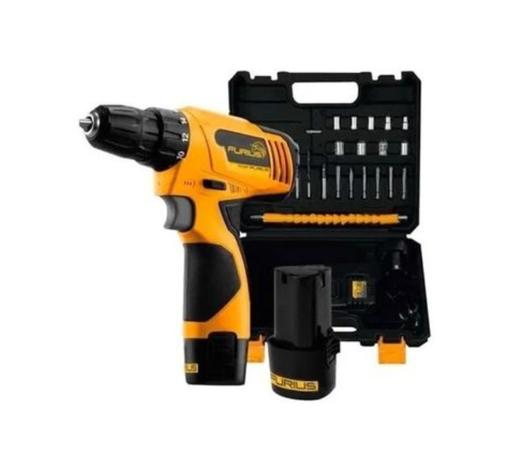 Taladro/Drill Atornillador 3/8" 12V 1.5 AH 0-1350 RPM + Batería y Cargador + Accesorios Furius