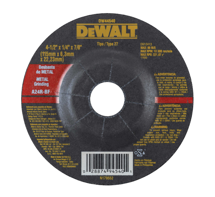 Disco Desbaste Metal 4-1/2" x 1/4" x 7/8" DeWalt