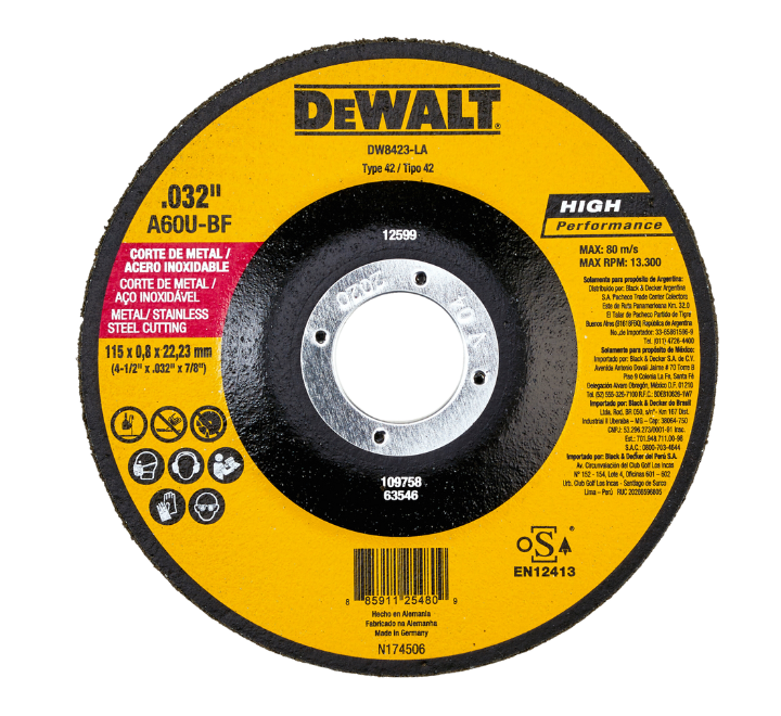 Disco Corte Metal Inoxidable 4-1/2" x 0.8 mm x 7/8" Tipo 27 DeWalt