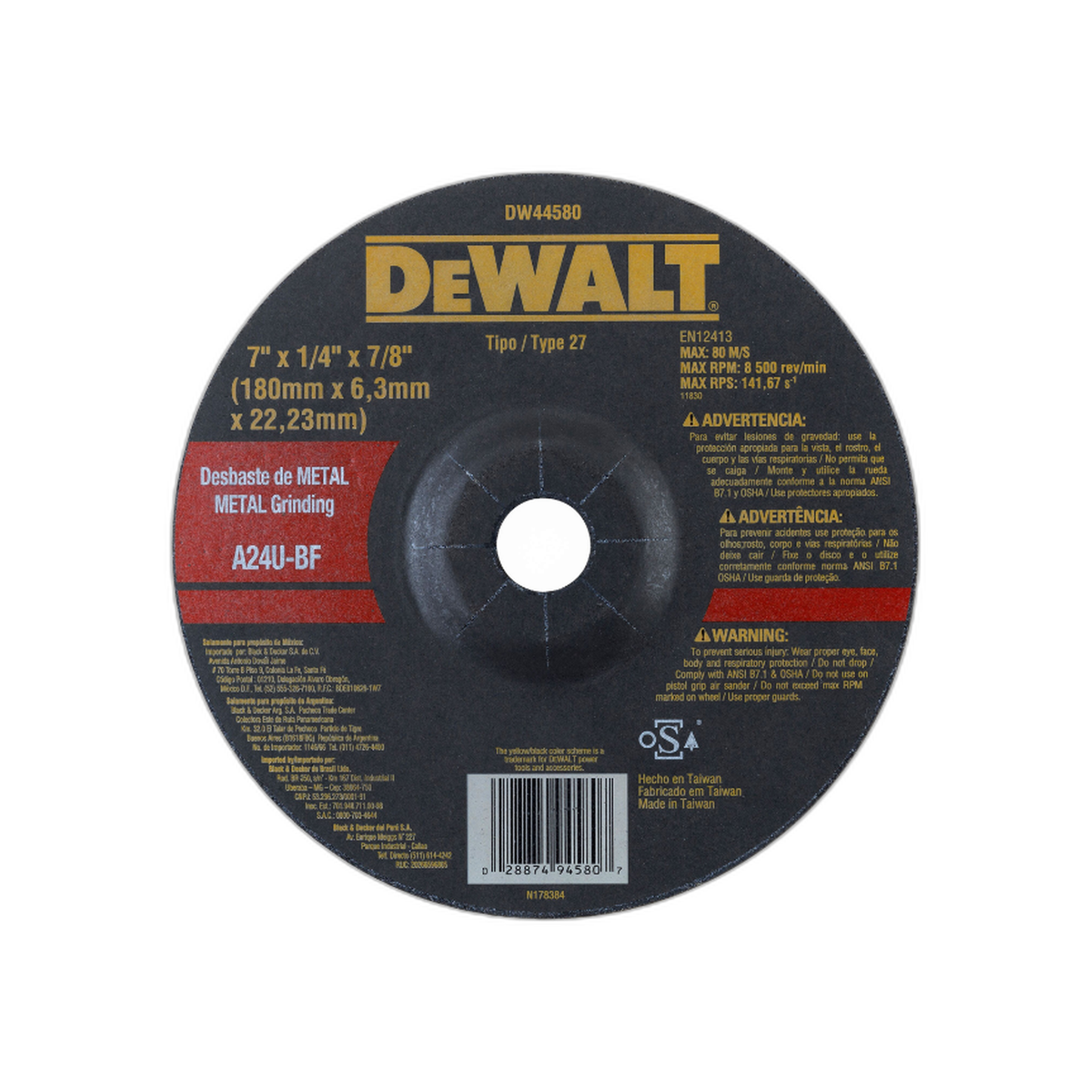 Disco Desbaste Metal 7" x 1/4" x 7/8" | DeWalt