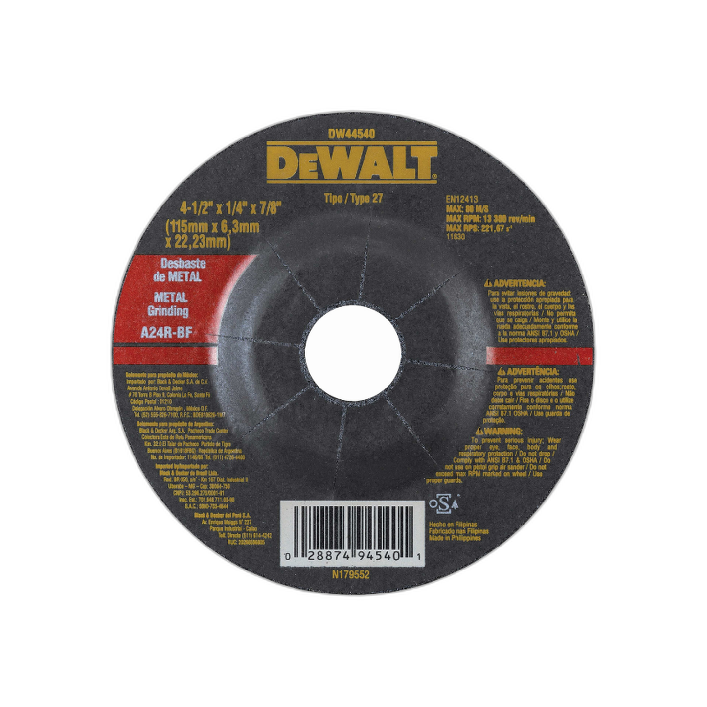 Disco Desbaste Metal 4-1/2" x 1/4" x 7/8" | DeWalt