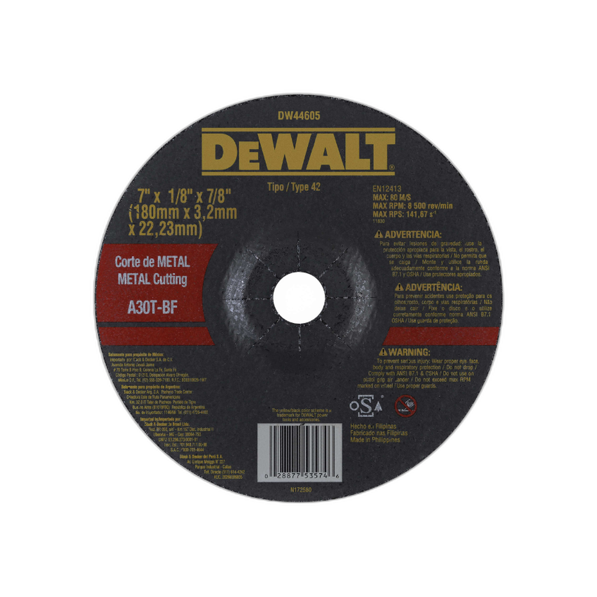 Disco Corte Metal 7" x 1/8" x 7/8" | DeWalt