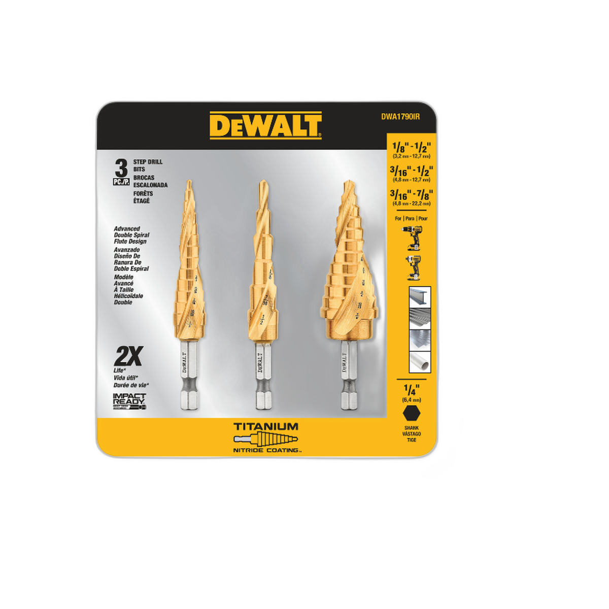 Juego de Brocas Escalonadas de Titanio 1/8" - 1/2", 3/16" - 1/2", 3/16" - 7/8" 3 Piezas | DeWalt