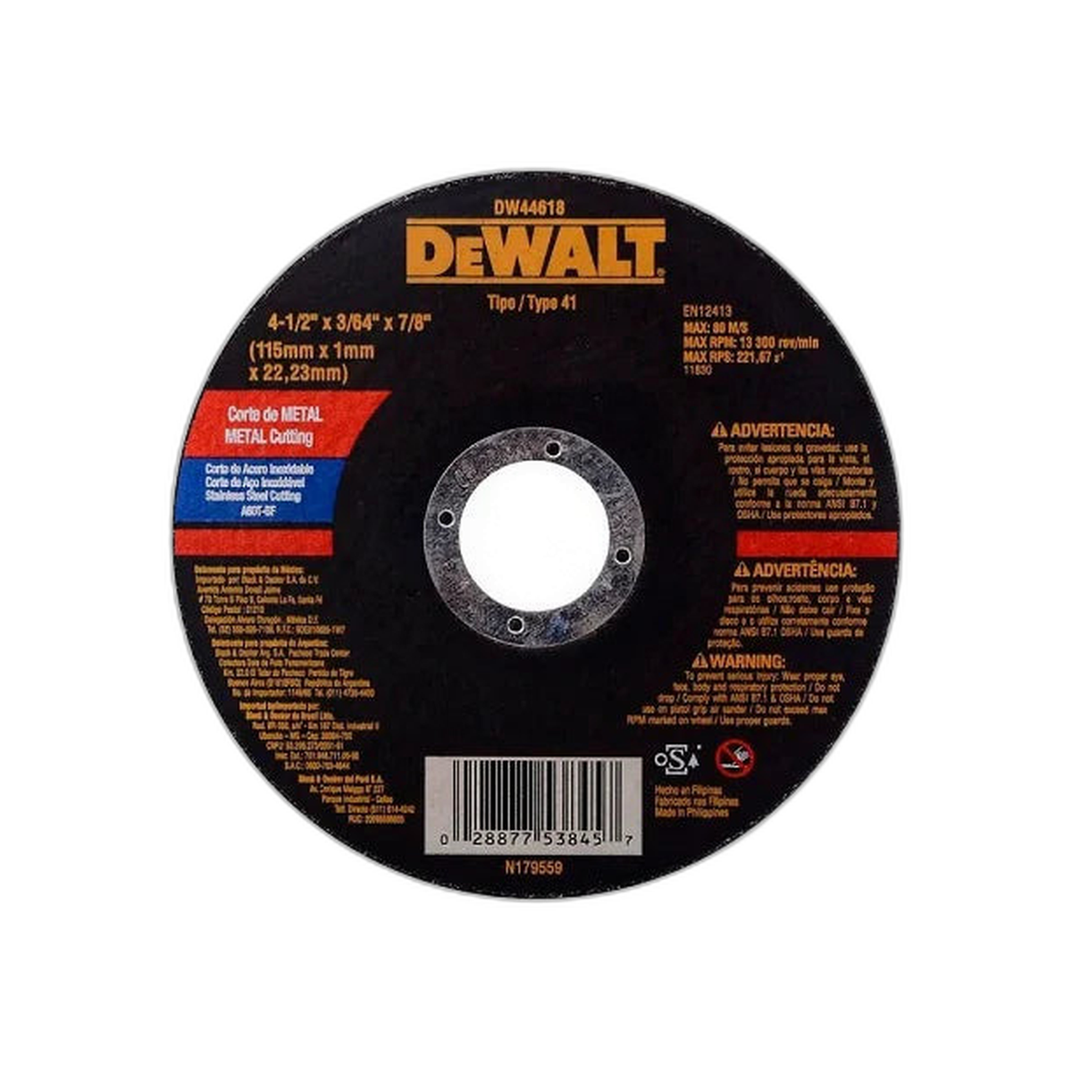Disco Corte Metal Inoxidable 4-1/2" x 3/64" (1.2 mm) x 7/8" DeWalt