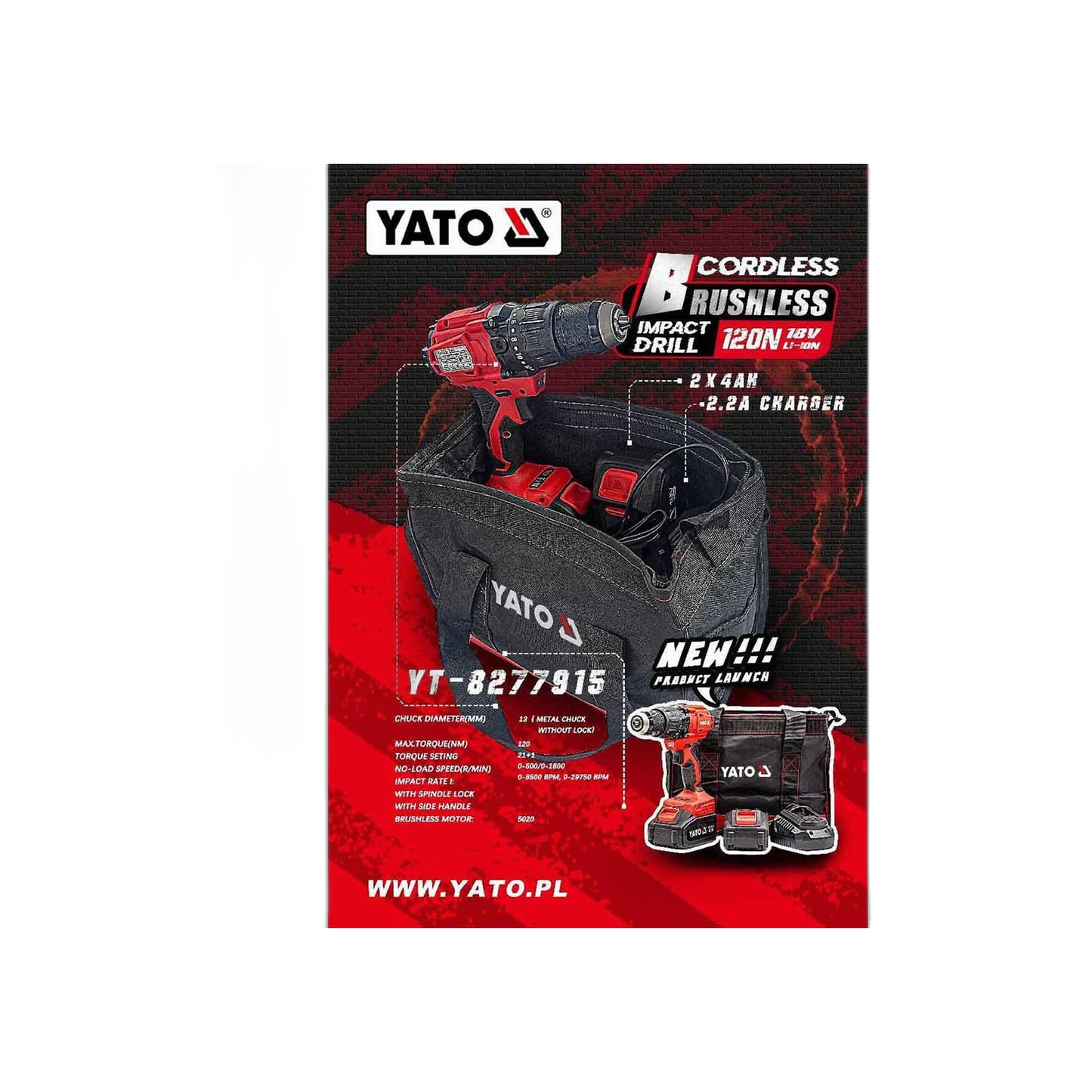 Taladro Percutor 120 Nm sin Escobillas + 2 Baterías 2 AMP + Cargador | Yato
