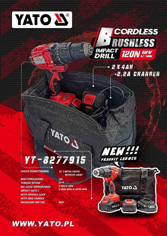 Taladro Percutor 120 Nm sin Escobillas + 2 Baterías 2 AMP + Cargador | Yato