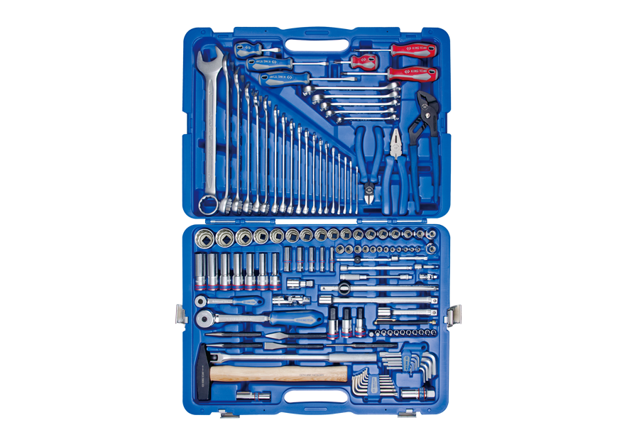 Juego de Socket 12Pt 1/4" + 1/2" y Herramientas 128 Piezas Mango Madera King Tony