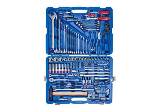 Juego de Socket 12Pt 1/4" + 1/2" y Herramientas 128 Piezas Mango Madera King Tony