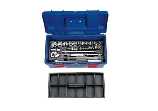 Caja de Herramientas Plástica 17" 1/2" 10-32 mm 6 Puntas 25 Piezas King Tony