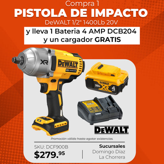 Pistola de Impacto DeWalt 1/2" 20 V XR (DCF900B) + Batería y Cargador Gratis