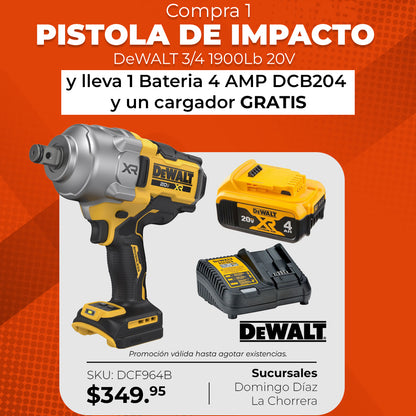 Pistola de Impacto DeWalt 3/4" 20V XR + Batería y Cargador GRATIS