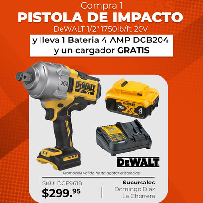 Pistola de Impacto DeWalt 20V XR (DCF961B) + Batería y Cargador GRATIS