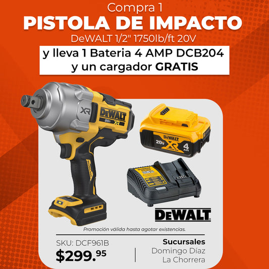 Pistola de Impacto DeWalt 20V XR (DCF961B) + Batería y Cargador GRATIS